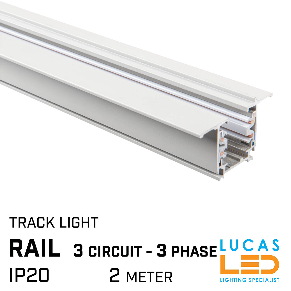 Recessed 2 meter Power RAIL track 3 circuit -  3 phase - for LED Track Lights - White