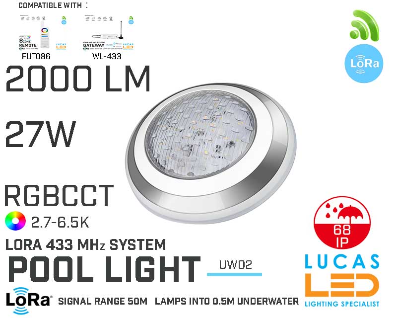 LED Underwater Light • Pool Light  • RGB+CCT  • 27W • 2000LM  • IP68 • LoRa 443MHz  • Smart Lighting System • Control distance 50m • MiBoxer • UW02 • 12V