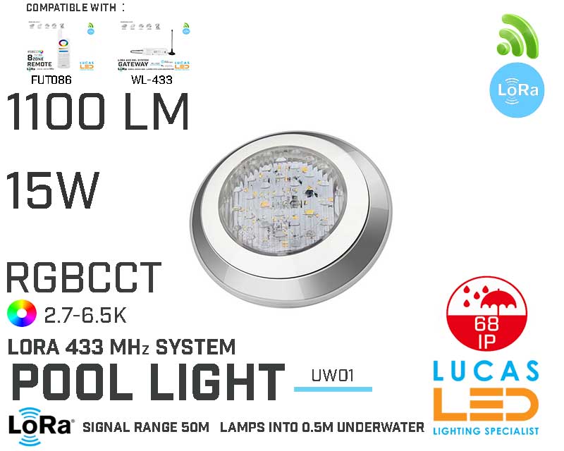 LED Underwater Light • RGB+CCT • 15W • 1100LM • IP68 • LoRa 443MHz • Smart Lighting System • Wireless • MiBoxer • Control distance 50m • UW01-1 • 12V