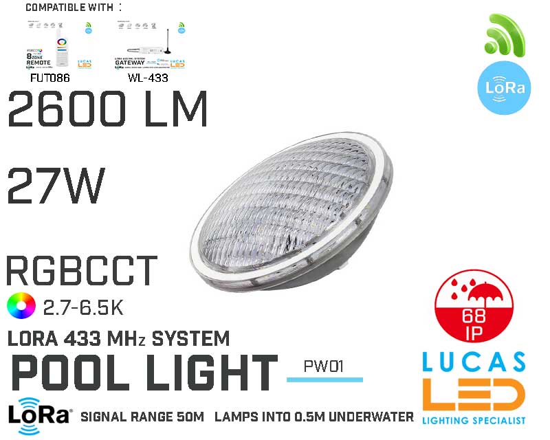 LED Underwater Light • Pool Light • RGB+CCT • 15W • 2600LM • IP68 • LoRa 443MHz • Smart Lighting System • Wireless • Control distance 50m  • PW01 • 12V