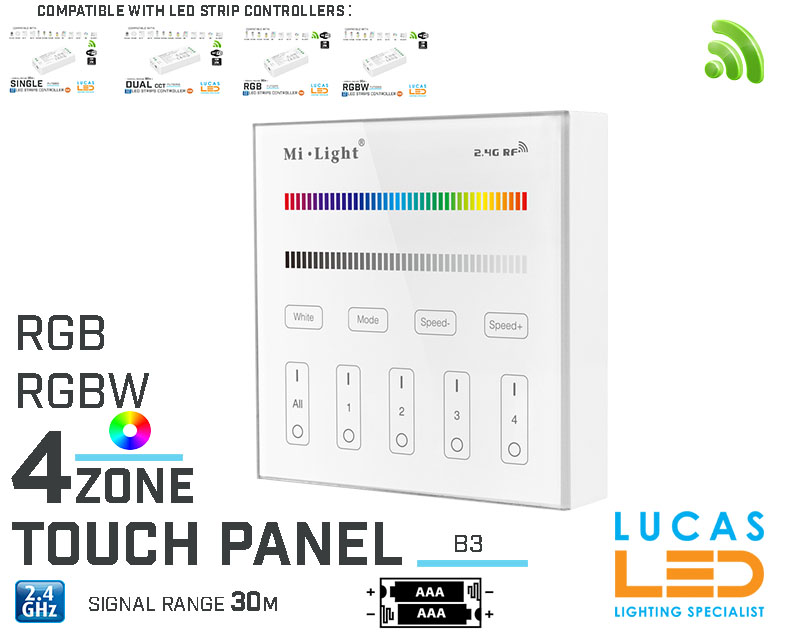 LED Touch Panel Switch • RGB & RGBW • MiBoxer • 4 zone • 2.4G • Wireless • Compatible • Smart Lighting System • MultiZone • B3