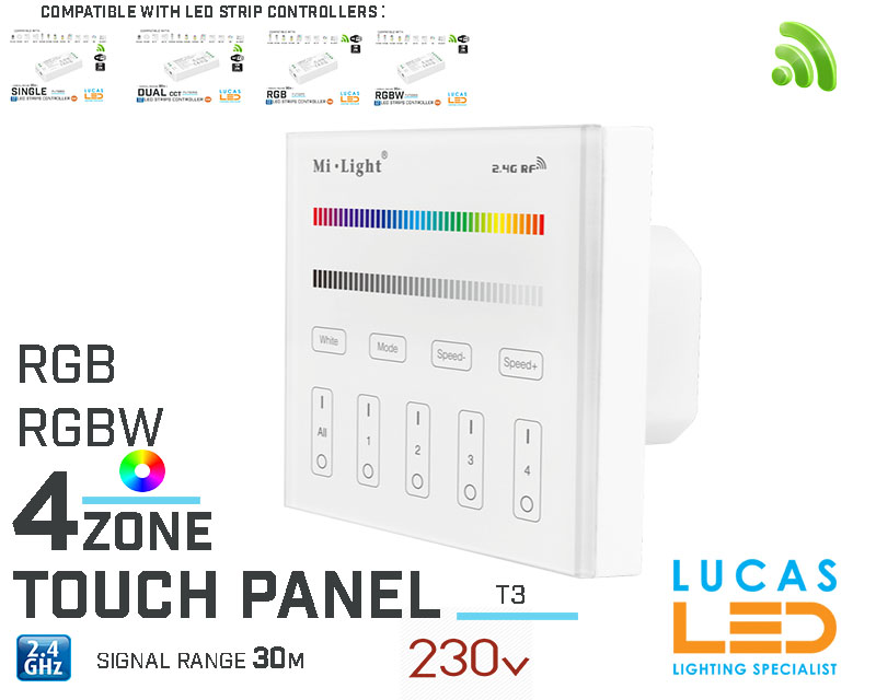 LED Touch Panel Switch • RGB & RGBW • MiBoxer • 4 zone • 2.4G • Wireless • Compatible • Smart Lighting System • MultiZone • T3