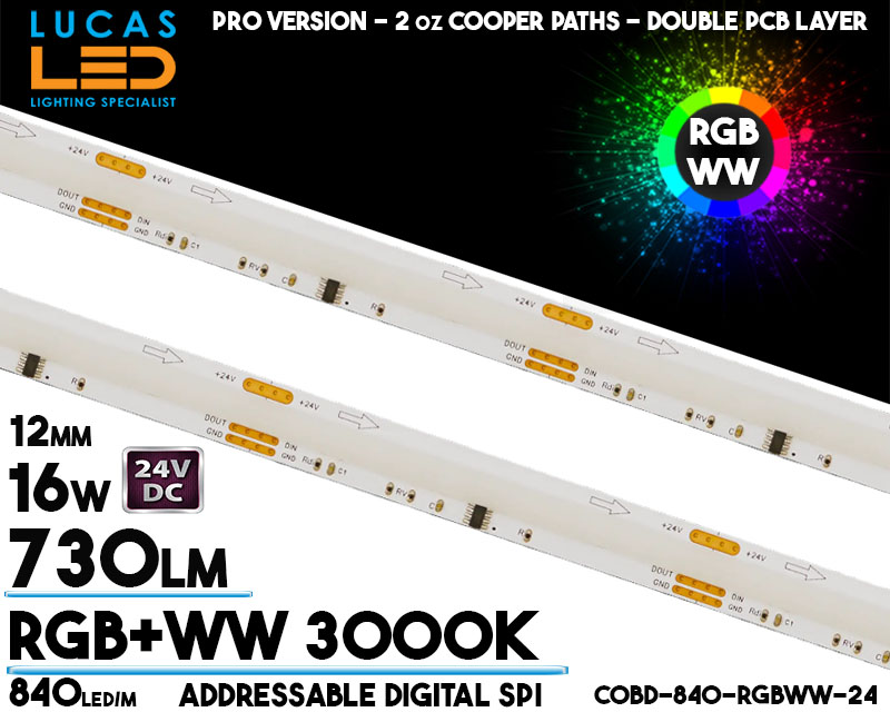 Addressable Digital SPI LED Strip RGB+WW 3000K • COB Spotless • 24V • 16W • RGBW • IP20 • 730lm • 12mm • 2oz Cooper paths PRO Version • Ra90 • 