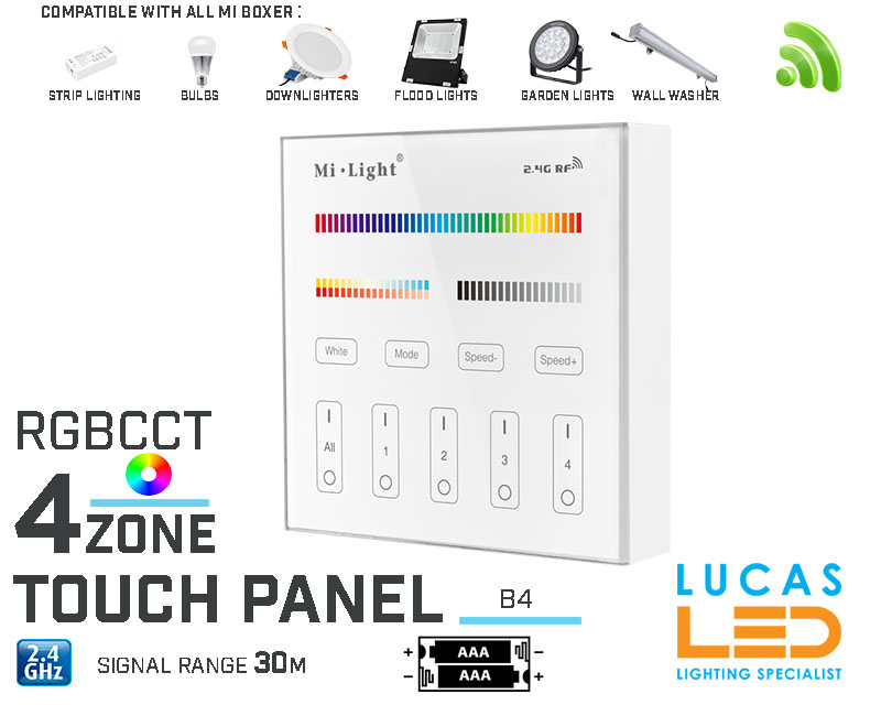 LED Touch Panel Switch • RGB+CCT • MiBoxer • 4 zone • 2.4G • Wireless • Compatible • Smart Lighting System • MultiZone • B4