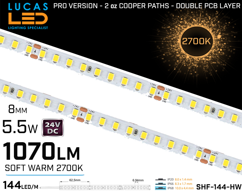 LED Strip  SHF Soft White • 144 LED/m • 24V • 5.5W • 2700K • IP20 • 1070m • 8mm • 3oz Cooper paths PRO Version