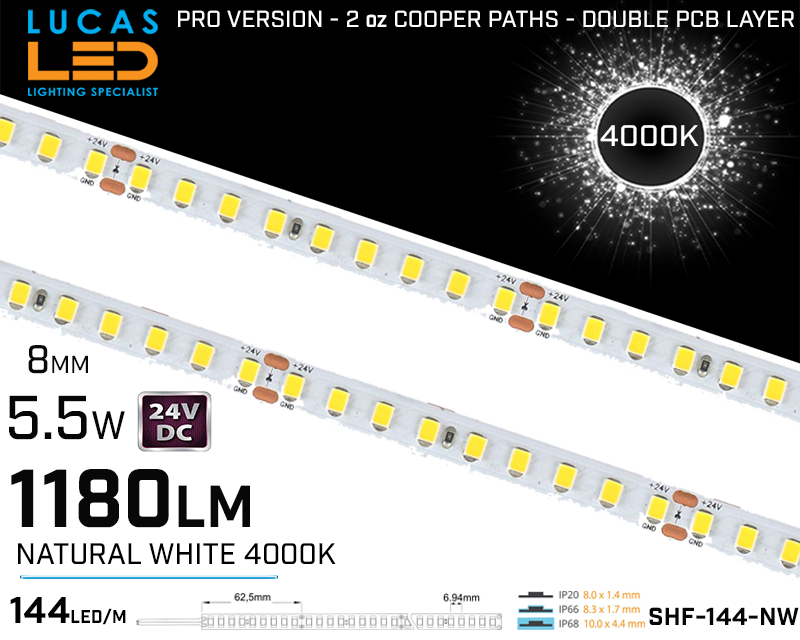 LED Strip  SHF Natural White • 144 LED/m • 24V • 5.5W • 4000K • IP20 • 1180lm • 8mm • 3oz Cooper paths PRO Version