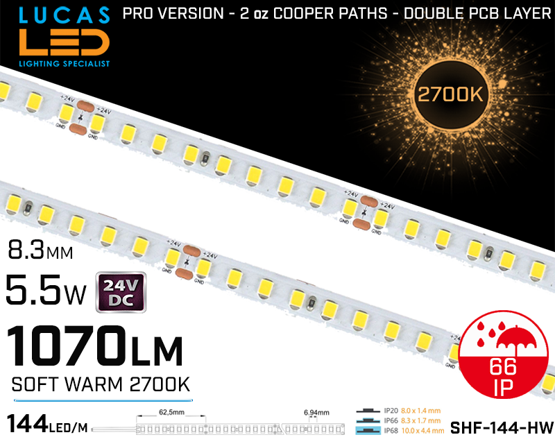 LED Strip  SHF Soft White • 144 LED/m • 24V • 5.5W • 2700K • IP66 • 1070m • 8mm • 3oz Cooper paths PRO Version