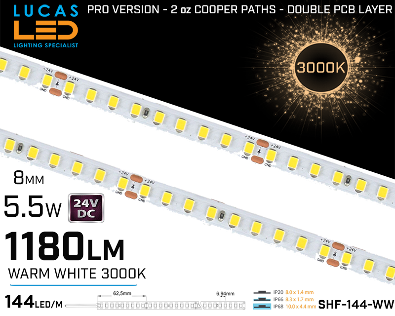 LED Strip  SHF Warm White • 144 LED/m • 24V • 5.5W • 3000K • IP20 • 1130m • 8mm • 3oz Cooper paths PRO Version