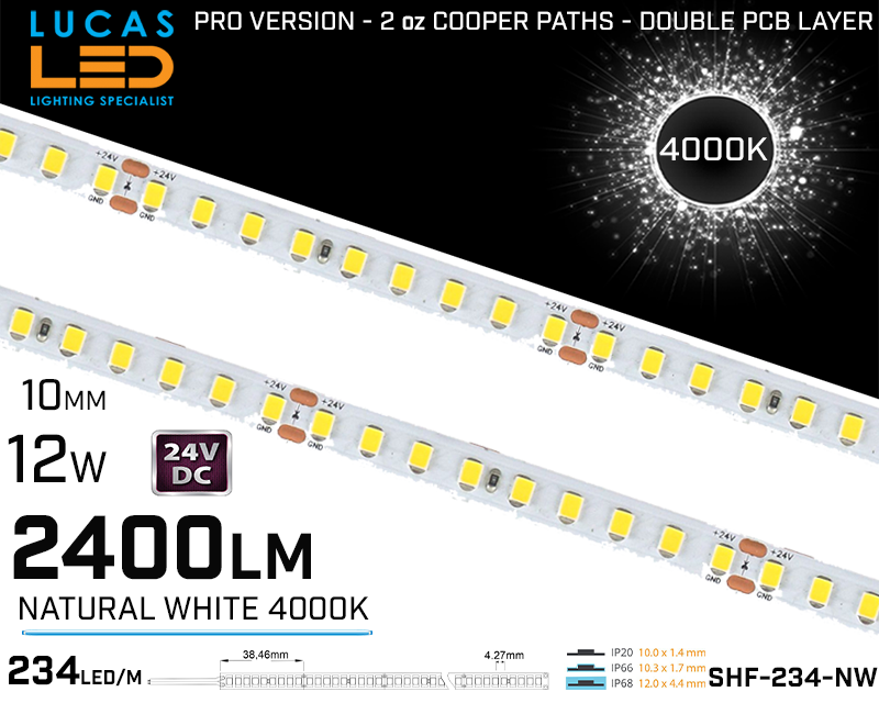 LED Strip  SHF Natural White • 234 LED/m • 24V • 12W • 4000K • IP20 • 2400lm • 10mm • 3oz Cooper paths PRO Version