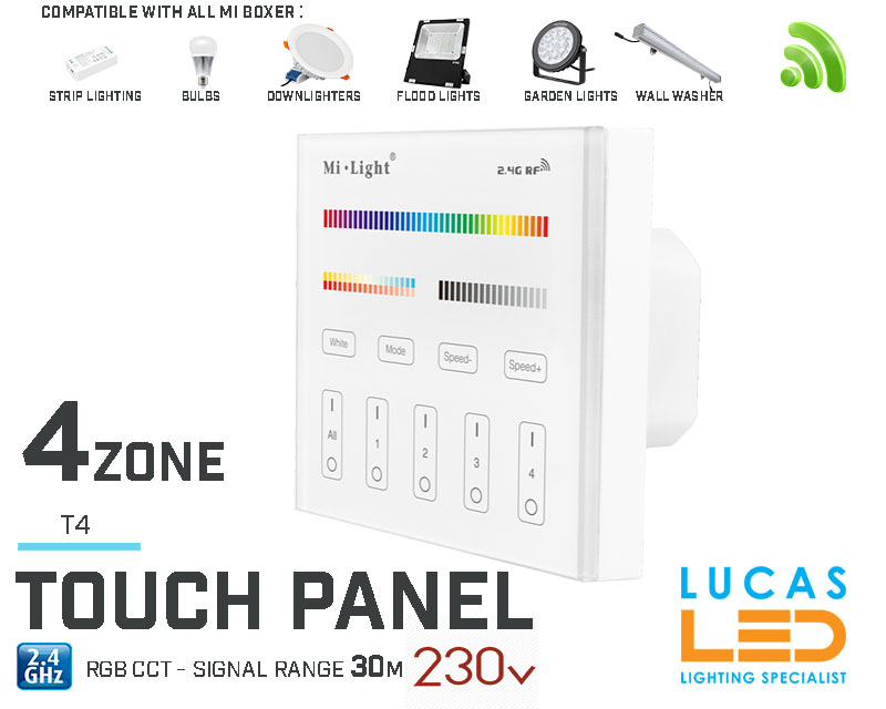 LED Touch Panel Switch • RGB+CCT • MiBoxer • 4 zone • 2.4G • Wireless • Compatible • Smart Lighting System • MultiZone • T4