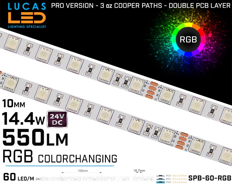 Outdoor LED Strip RGB • 60LED/m • 24V • 14.4W • IP20 • 550lm • 10.3mm • PRO Version 3oz Cooper paths • 