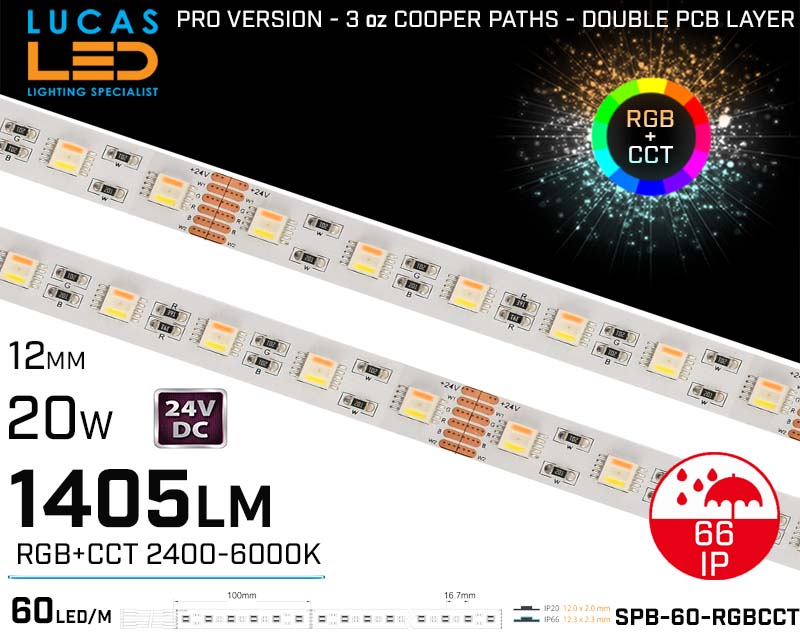 LED Strip RGB CCT • Ultra High Bright • 1405lm • 24V • 60led's/m • 20 watts/m • IP66 • PRO Version 3oz copper paths •