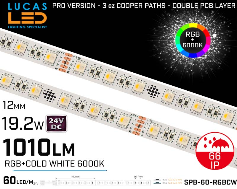 LED Strip RGB+6000K • 60LED/m • 24V • 19.2W • IP66 • 1010lm • 10.3mm • PRO Version 3oz Cooper paths