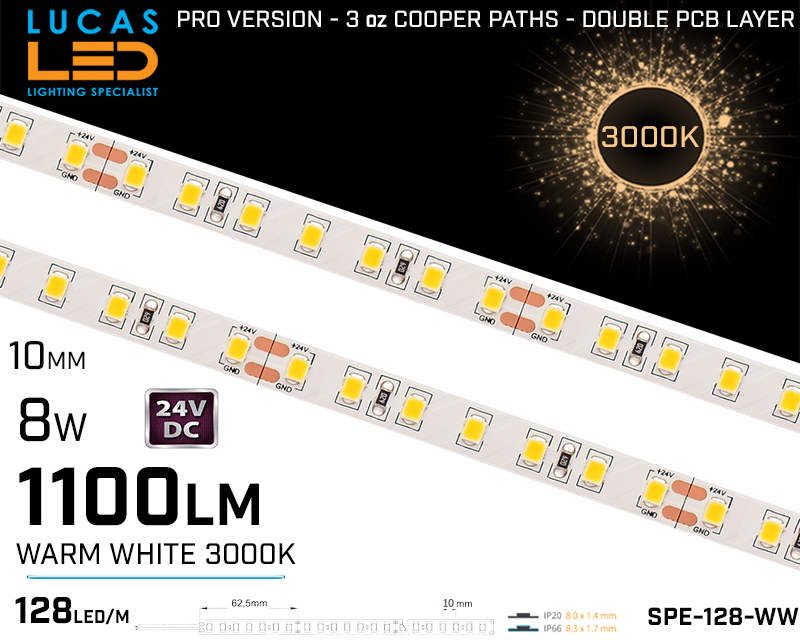 LED Strip WARM White  • 128 LED/m • 24V • 8W • 3000K • IP20 • 1100lm • 8mm • 3oz Cooper paths
