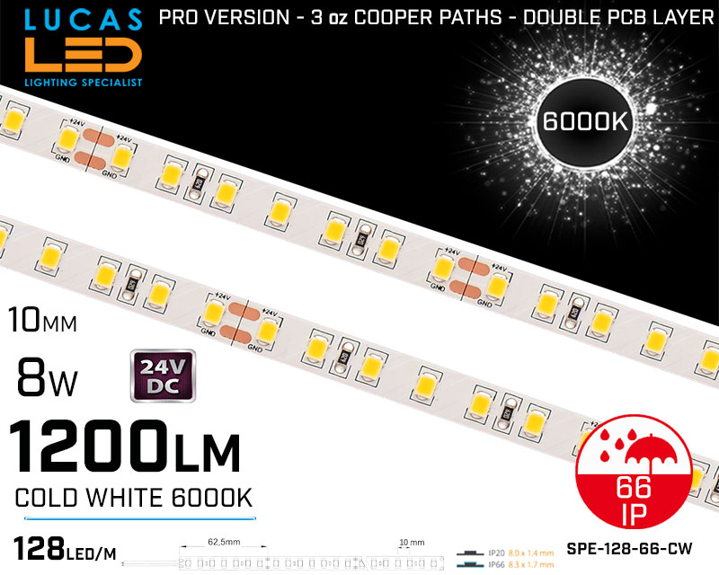 LED Strip Cold White  • 128 LED/m • 24V • 8W • 6000K • IP66 • 1200lm • 8.3mm • 3oz Cooper paths PRO Version • Waterproof 