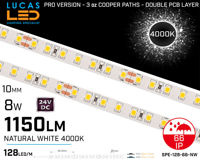 LED Strip Natural White  • 128 LED/m • 24V • 8W • 4000K • IP66 • 1150lm • 8.3mm •3oz Cooper paths PRO Version • Waterproof