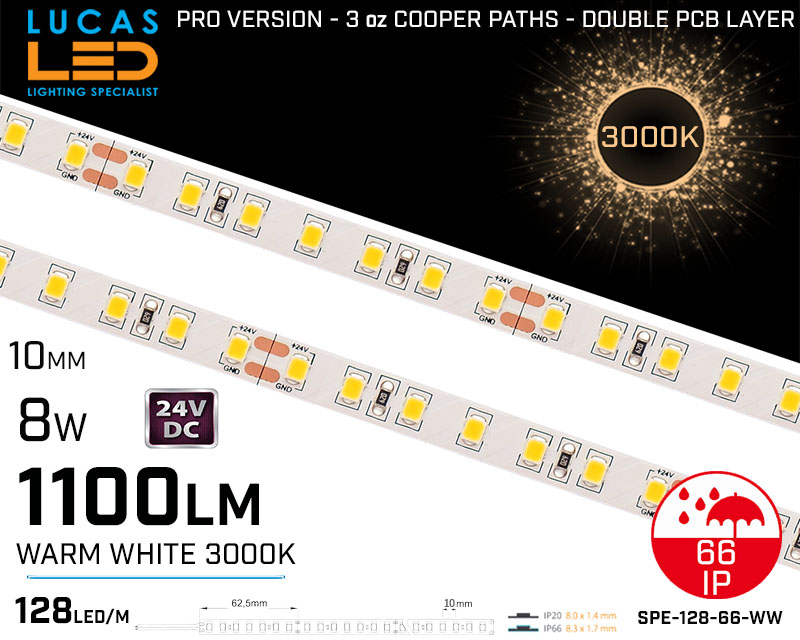 LED Strip Warm White • 128 LED/m • 24V • 8W • 3000K • IP66 • 1100lm • 8.3mm •3oz Cooper paths PRO Version • Waterproof