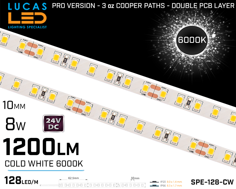 LED Strip Cold White • 128 LED/m • 24V • 8W • 6000K • IP20 • 1200lm • 8mm • 3oz Cooper paths- PRO Version