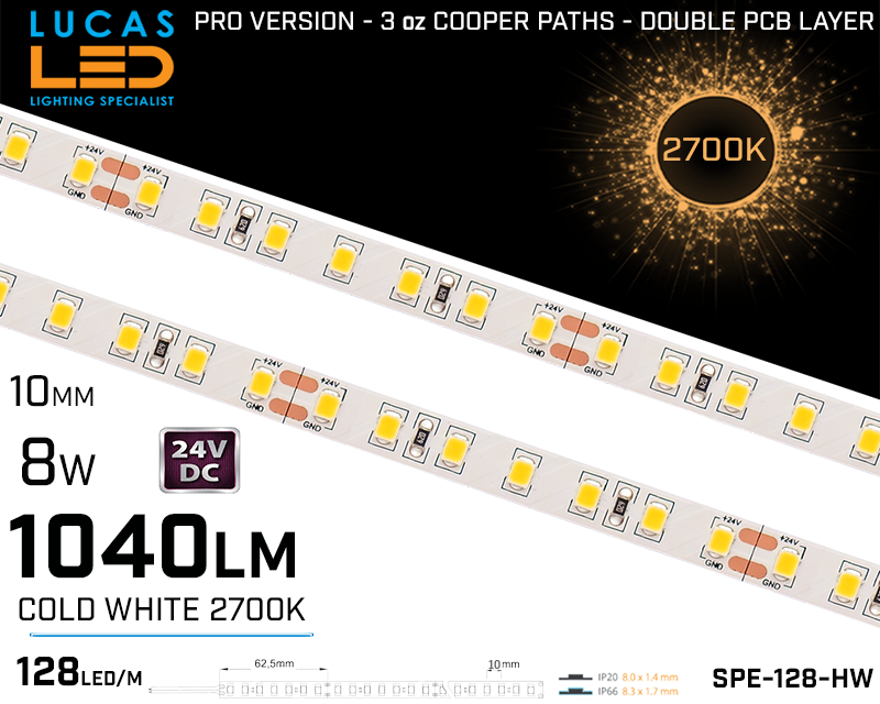 LED Strip soft Warm • 128 LED/m • 24V • 8W • 2700K • IP20 • 1040lm • 8mm • 3oz Cooper paths