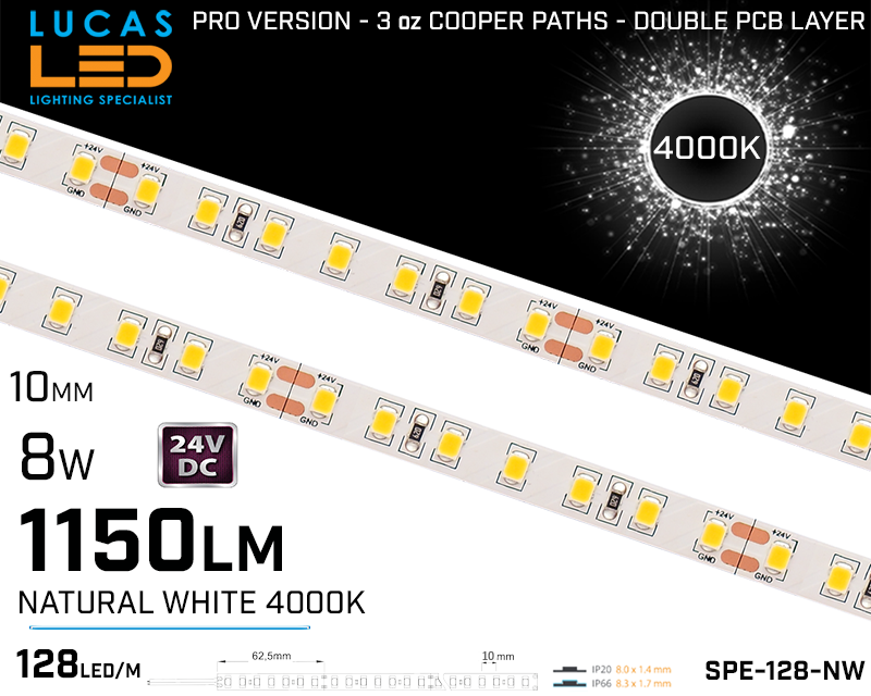 LED Strip Natural White • 128 LED/m • 24V • 8W • 4000K • IP20 • 1150lm • 8mm • 3oz Cooper paths