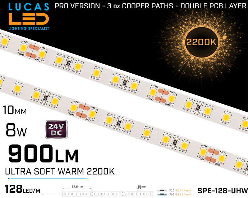LED Strip Ultra Soft Warm  • 128 LED/m • 24V • 8W • 2200K • IP20 • 900lm • 8mm • 3oz Cooper paths
