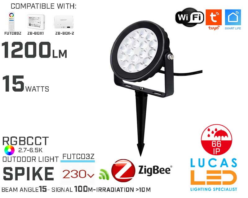 Zigbee 3.0 LED Garden Spike • RGB+CCT • 15W • 1200lm • IP66 • WiFi • 2.4G • Compatible • Smart • Lighting • System • MultiZone • Wireless • MiBoxer • FUTC03Z • 230V