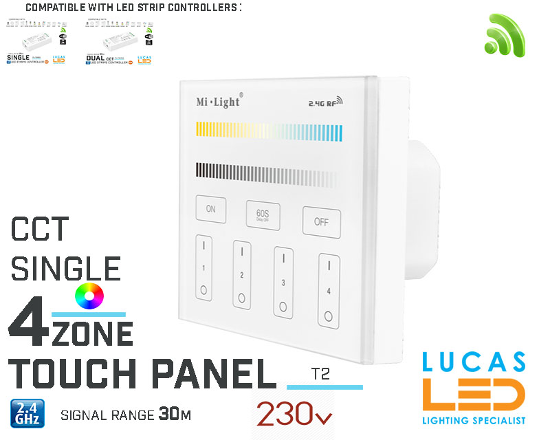 LED Touch Panel Switch • CCT & Single • MiBoxer • 4 zone • 2.4G • Wireless • Compatible • Smart Lighting System • MultiZone • T2