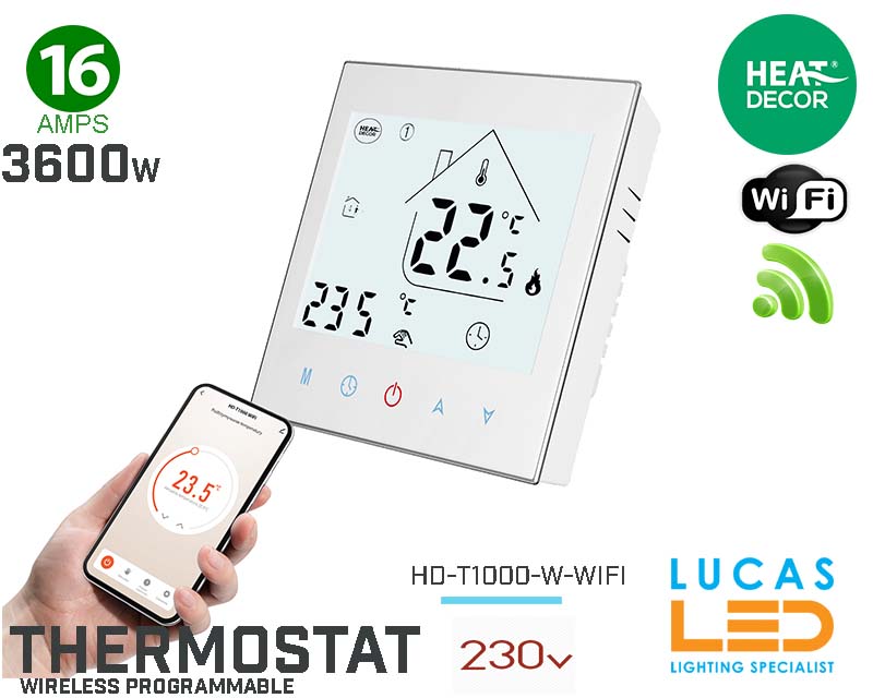 Thermostat WIFI • Room Stat • Timer Mode • Programmable • Heating Film & All Apllications • HD-T1000 •  IP20 • 230V • 16A • 3600W
