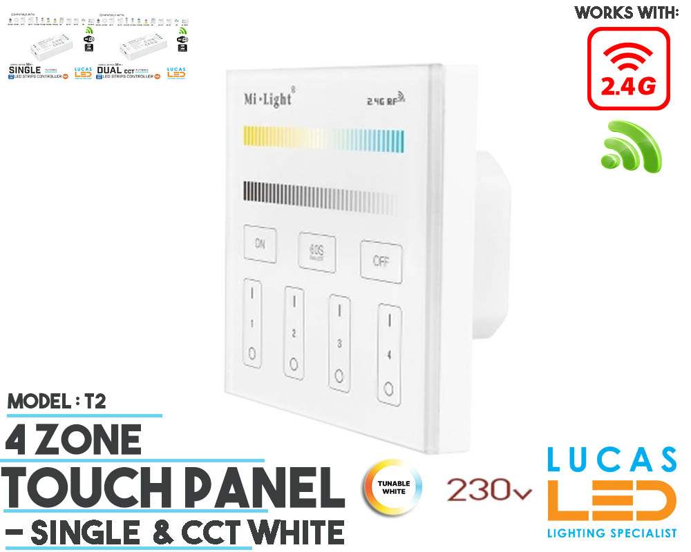 LED Touch Panel Switch • CCT & Single • MiBoxer • 4 zone • 2.4G • Wireless • Compatible • Smart Lighting System • MultiZone • T2