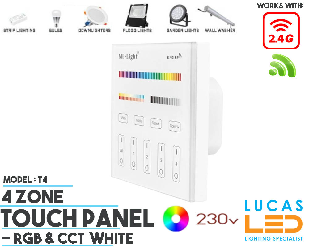 LED Touch Panel Switch • RGB+CCT • MiBoxer • 4 zone • 2.4G • Wireless • Compatible • Smart Lighting System • MultiZone • T4