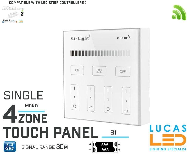 LED Touch Panel Switch • Mono • MiBoxer • 4 zone • 2.4G • Wireless • Compatible • Smart Lighting System • MultiZone • B1 • White edition