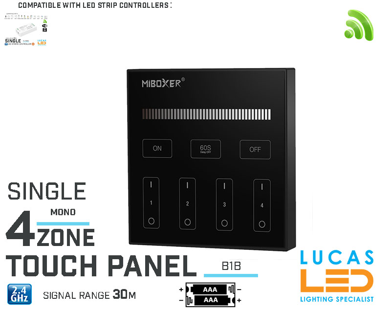 LED Touch Panel Switch • Mono • MiBoxer • 4 zone • 2.4G • Wireless • Compatible • Smart Lighting System • MultiZone • B1B • Black edition
