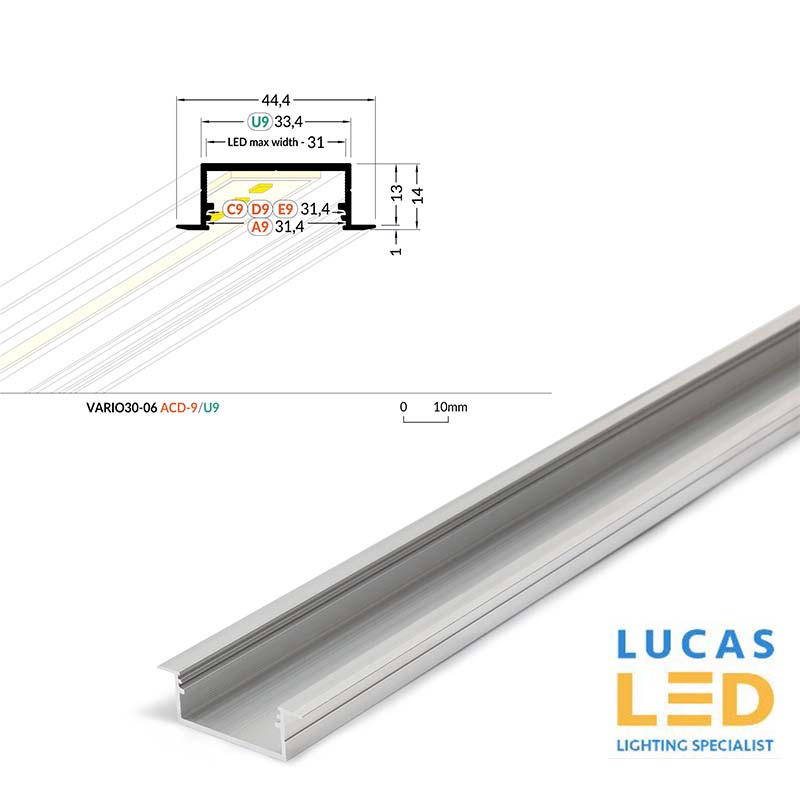 LED Architectural Recessed Profile,VARIO 30-06 ,Alu ,2 Meter Length