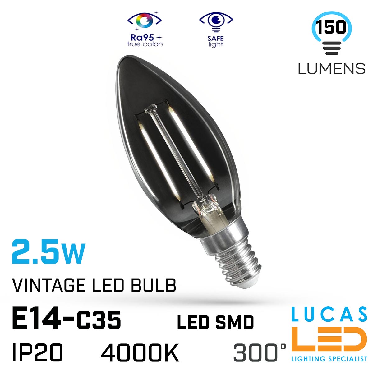 Vintage LED Candle bulb Filament light 2.5W - E14 - Natural 4000K - 150lm - 300°- LED COG - Edison Modern Smoky Shine