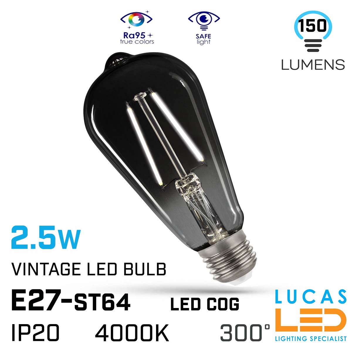Vintage LED bulb Filament light 2.5W - E27 - Natural 4000K - LED COG - ST65 Edison Modern Smoky Shine