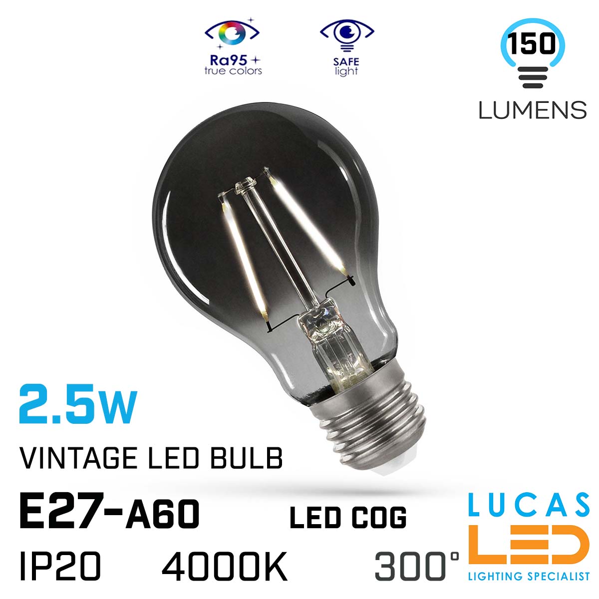 Vintage LED bulb Filament light 2.5W - E27 - 150lm - 4000K - LED COG - A60 Edison Modern Smoky Shine