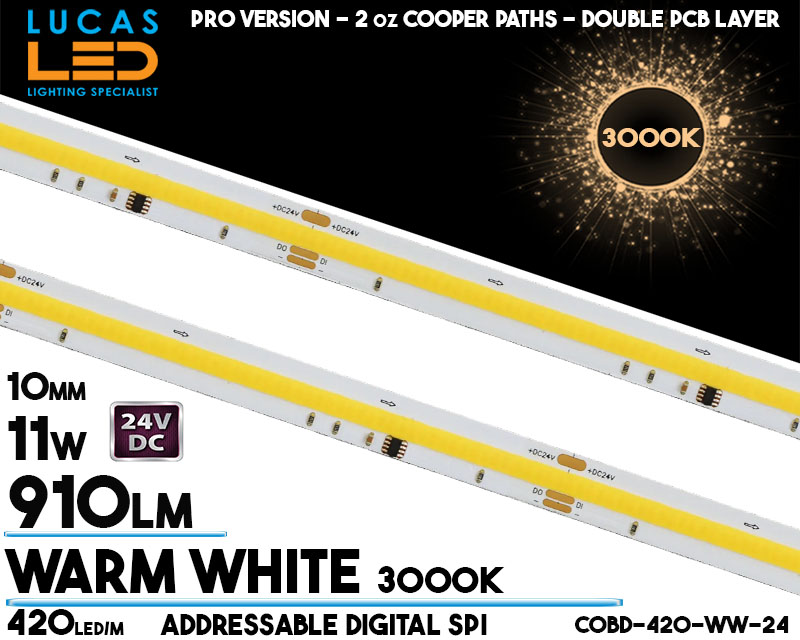 Addressable Digital SPI LED Strip Warm White • COB Spotless • 24V • 11W • 3000K • IP20 • 910lm • 10mm • 2oz Cooper paths PRO Version • Ra90