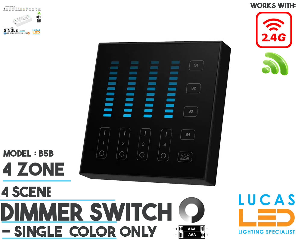 LED Scene Panel Switch • Single Color Light • Dimmer • MiBoxer • 4 zone • 2.4G • Wireless • Smart Lighting System • B5B • Black edition