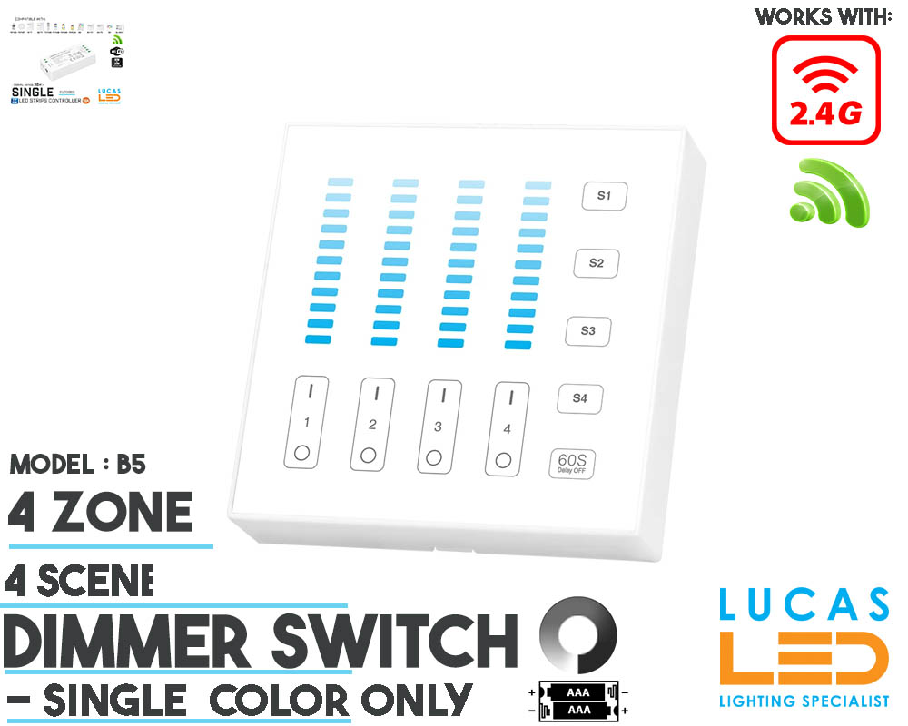 LED Scene Panel Switch • Single Color Light • Dimmer • MiBoxer • 4 zone • 2.4G • Wireless • Smart Lighting System • B5 • White edition