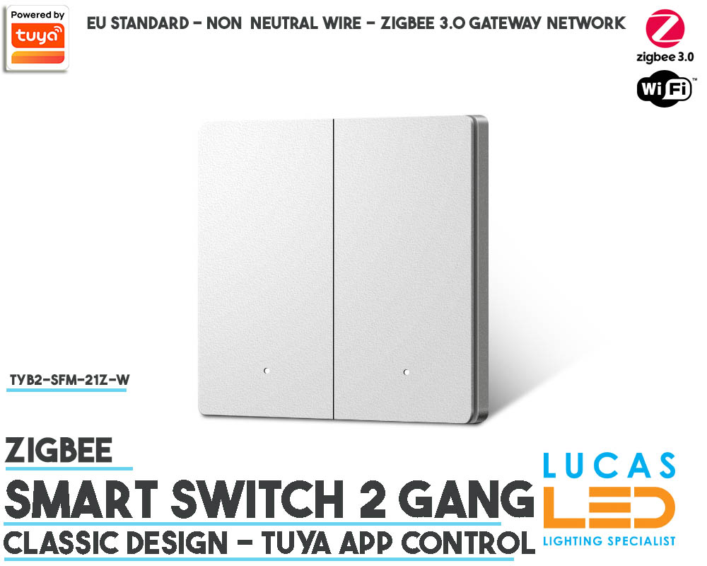 ZigBee Smart Switch • Tuya • 2 Gang • App Control • TYB2-SFM-21Z-W • 230V • Non Neutral • Classic design • White body