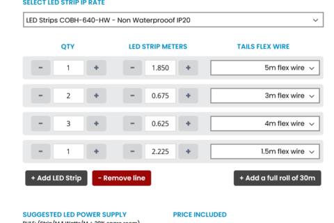 Lucas LED configurator for selecting individual LED strip lengths, quantities and flex wire lengths